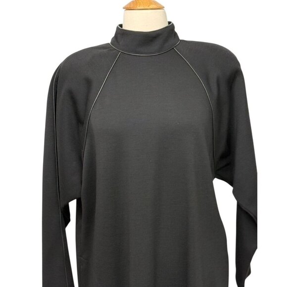 Caroline Rose Black Wool Dress Leather Trim Retro Shoulder Pads Pockets Size M - Picture 2 of 14